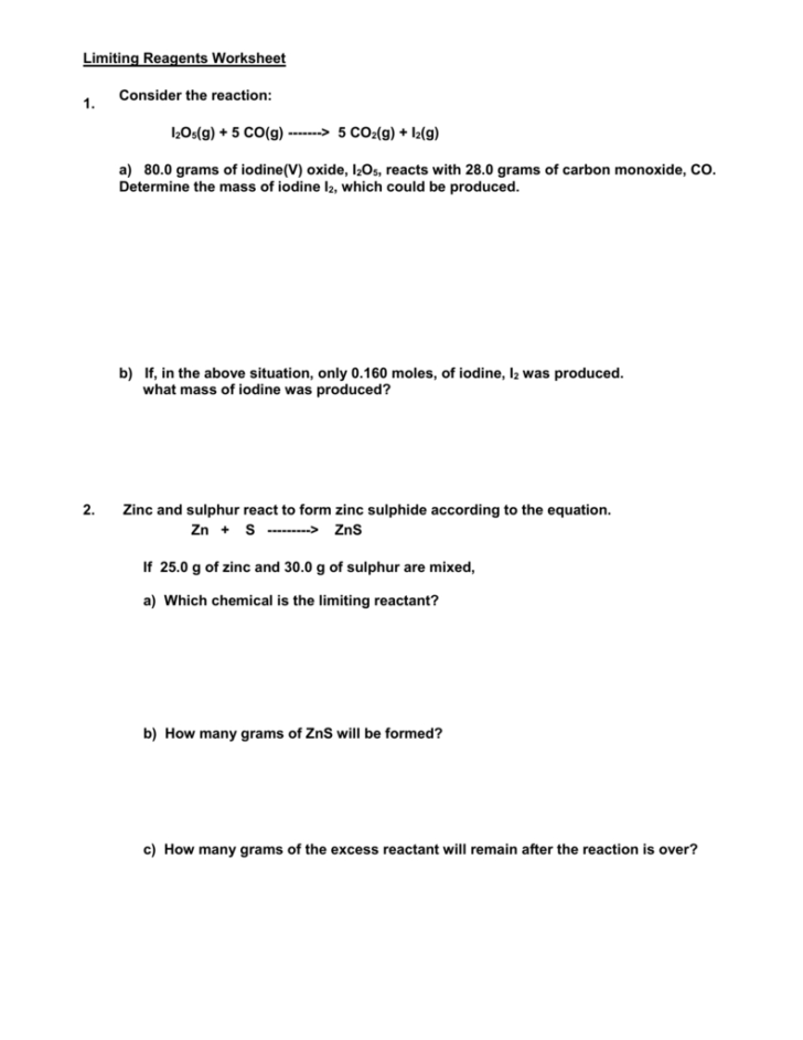 Limiting And Excess Reactants Worksheet
