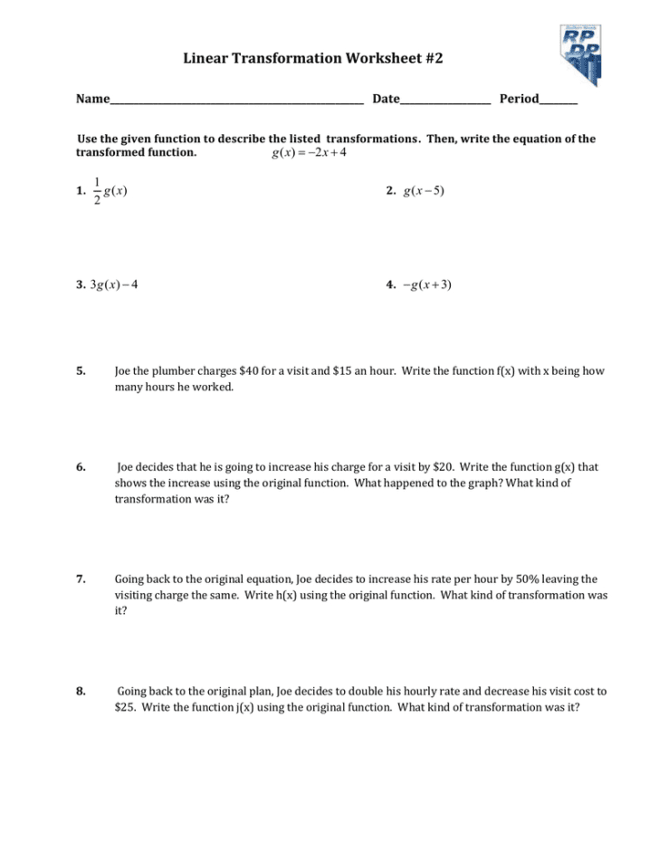 transformation of linear functions worksheet