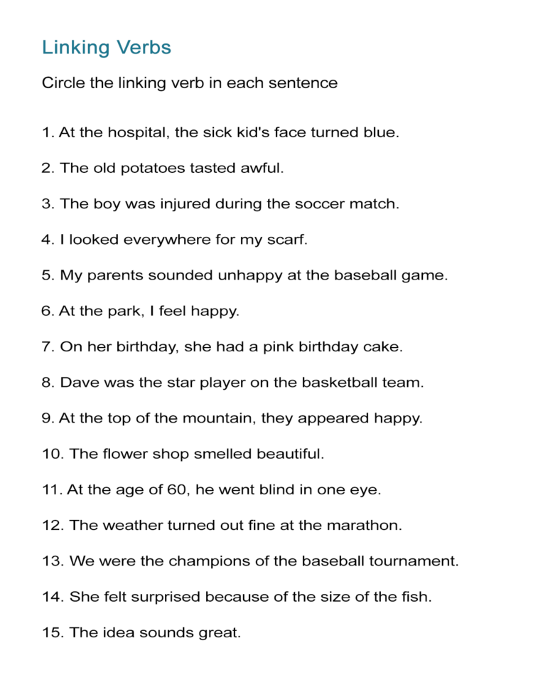 Linking Verbs Worksheet Find The Linking Verbs  All Esl