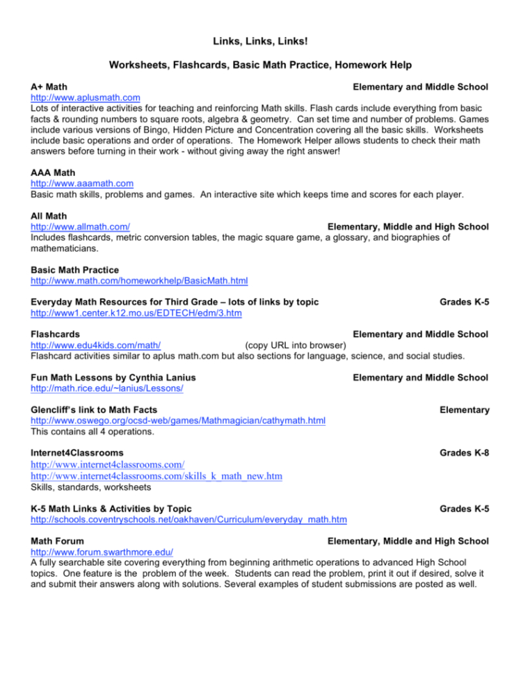 Links Links Links Worksheets Flashcards Basic Math Practice
