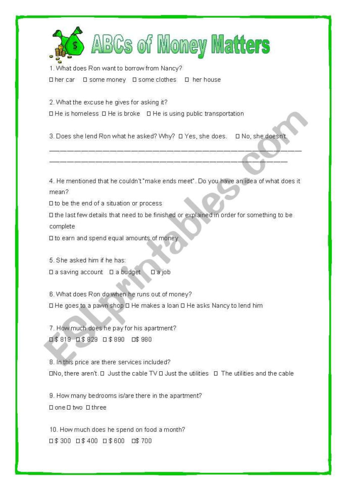 Listening Activity Abcs Of Money Matters  Esl Worksheet
