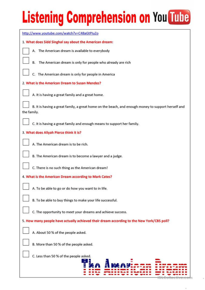 Listening Comprehension On Youtube The American Dream