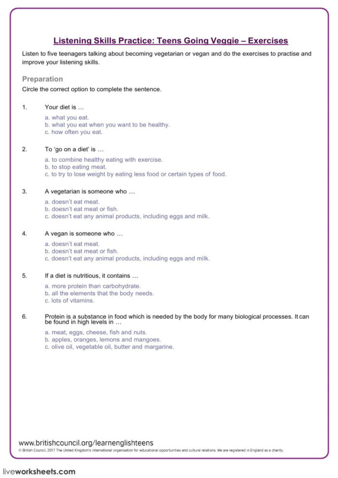 Listening Exercises  Teens Going Veggie  Interactive Worksheet