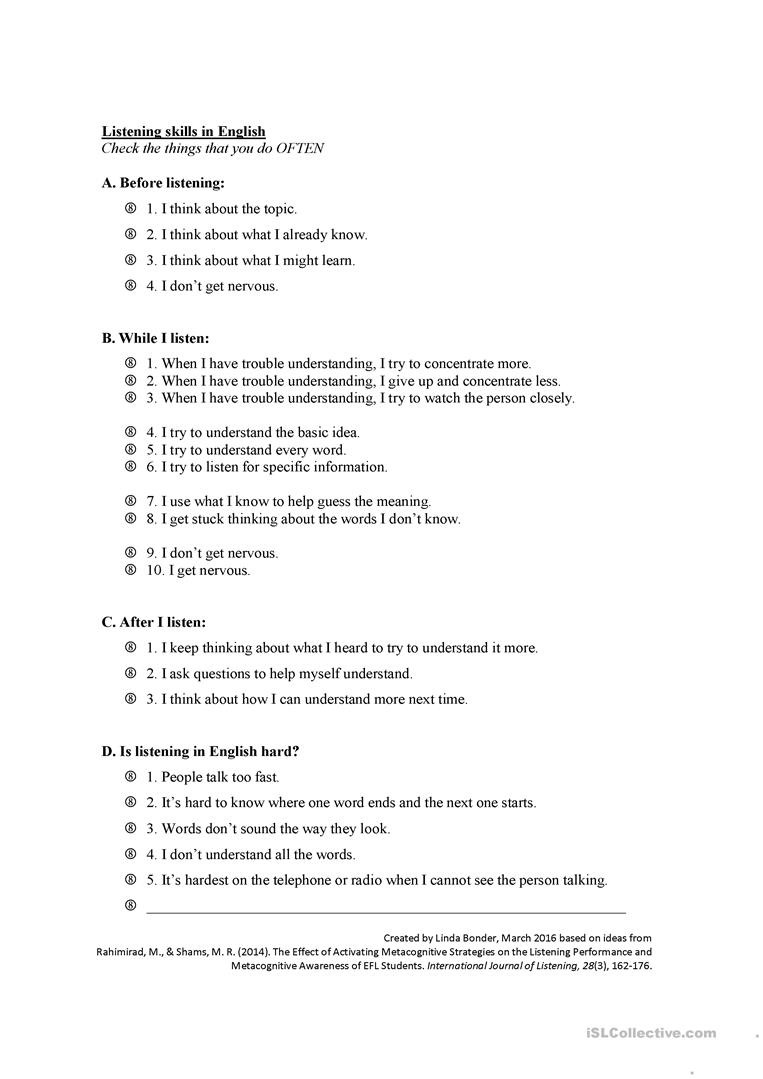 Listening Skills Checklist  English Esl Worksheets
