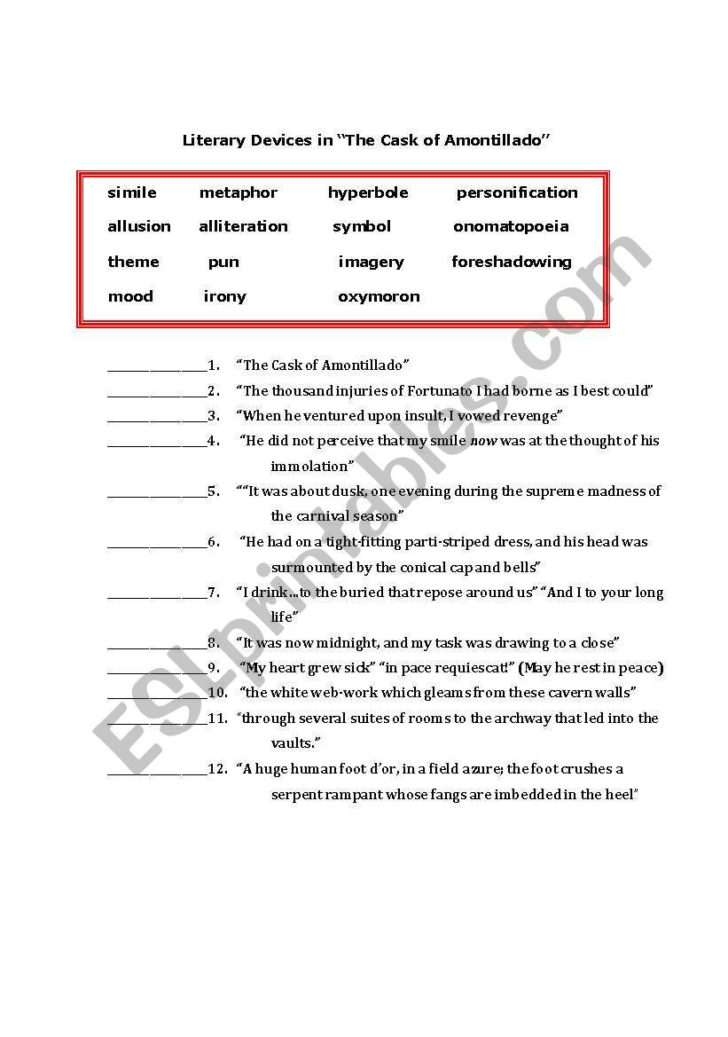 The Cask Of Amontillado Worksheet The Cask Of Amontillado Worksheet