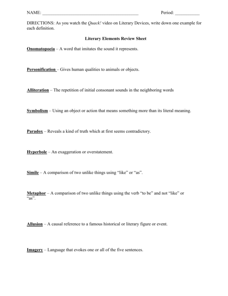 Literary Elements Review Sheet