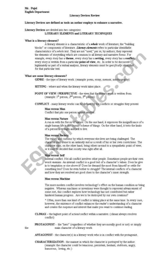 Literary Elements Sheet  Esl Worksheetmrpujol