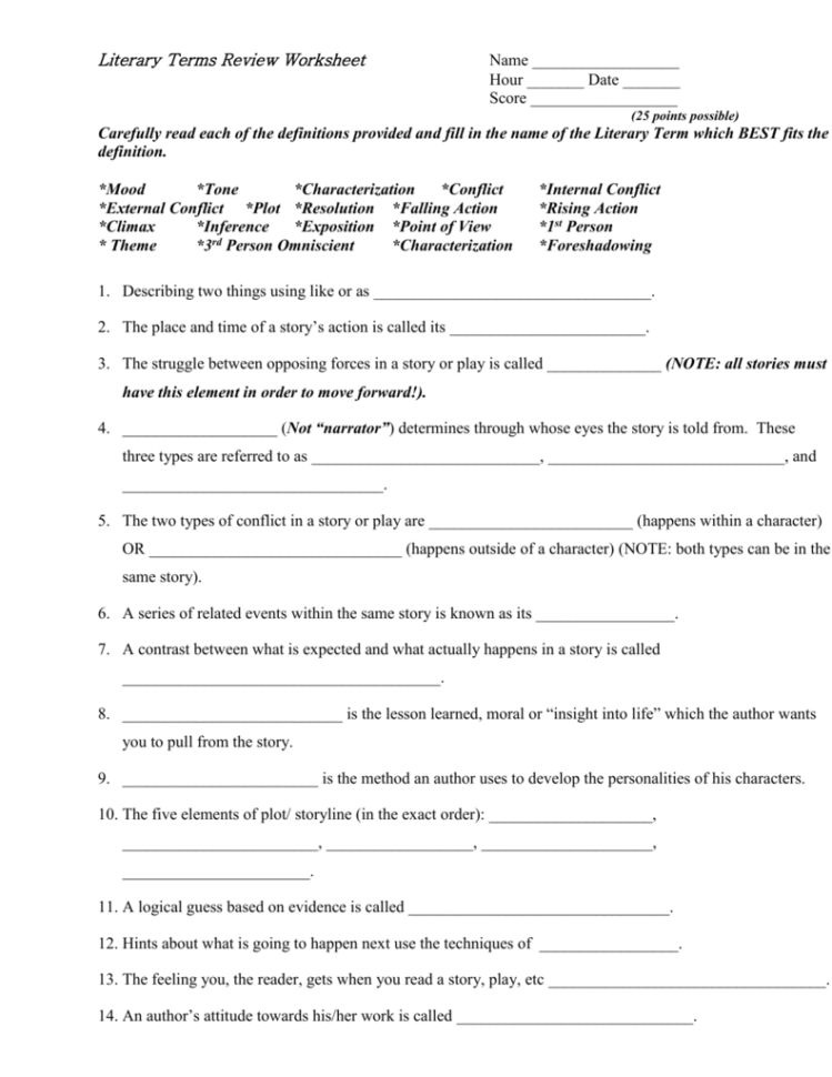 Literary Elements Review Worksheet Db excel