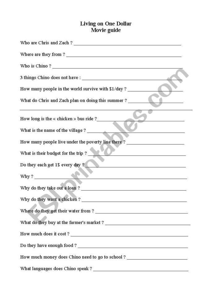 Living On One Dollar Movie Worksheet  Esl Worksheet