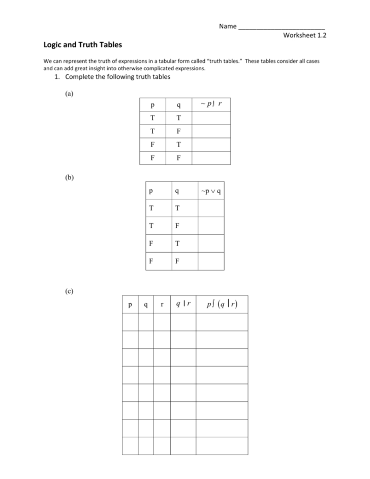 Truth Table Worksheet With Answers — db-excel.com