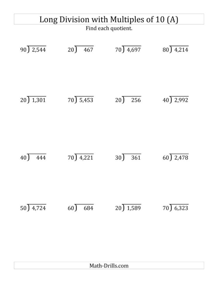 Long Divisionmultiples Of 10 With Remainders A