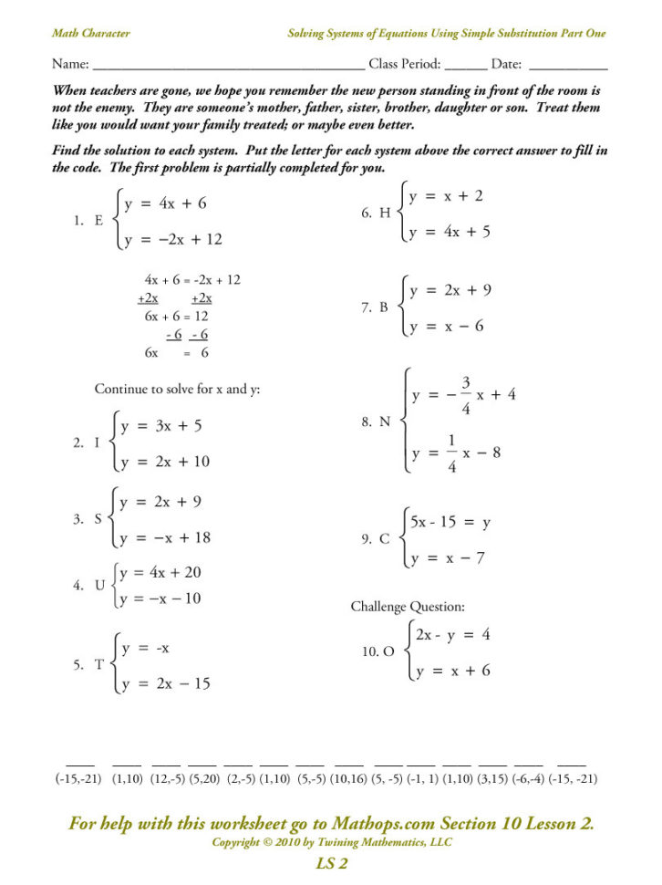 Ls 2 Solving Systems Of Equations Using Simple Substitution