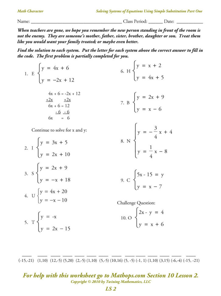 solving systems of linear equations by substitution word problems