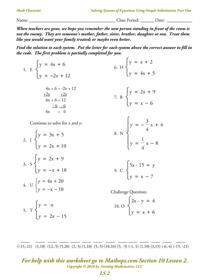 Ls 2 Solving Systems Of Equations Using Simple Substitution