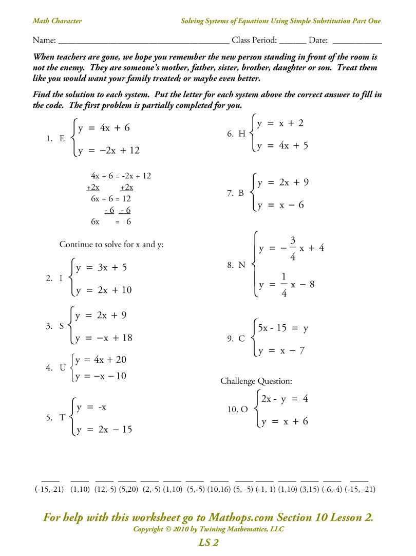 Solving Systems Of Equations By Substitution Worksheet Db excel