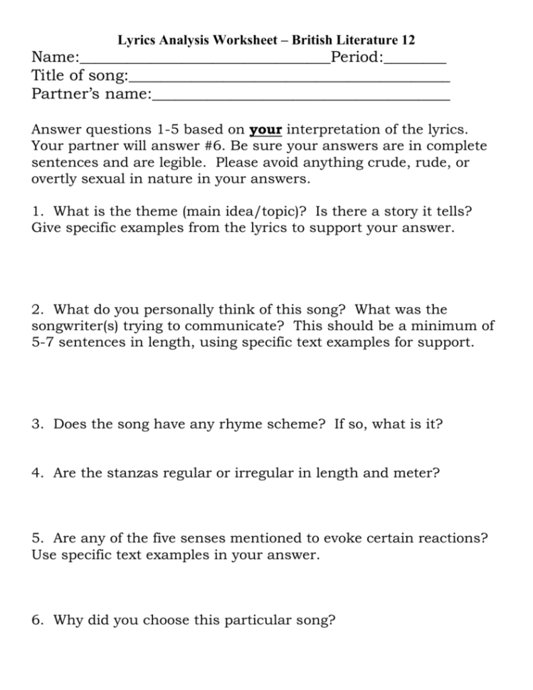 Lyrics Analysis Worksheet Lyrics Analysis Worksheet
