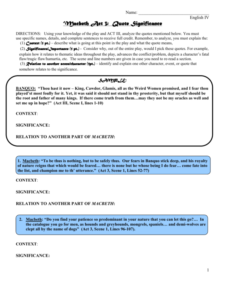 Macbeth Act 3 Vocabulary Worksheet