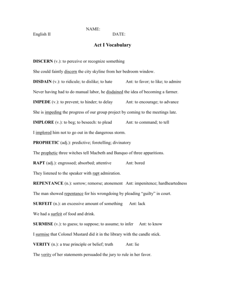 Macbeth Vocabulary Acts I And Ii