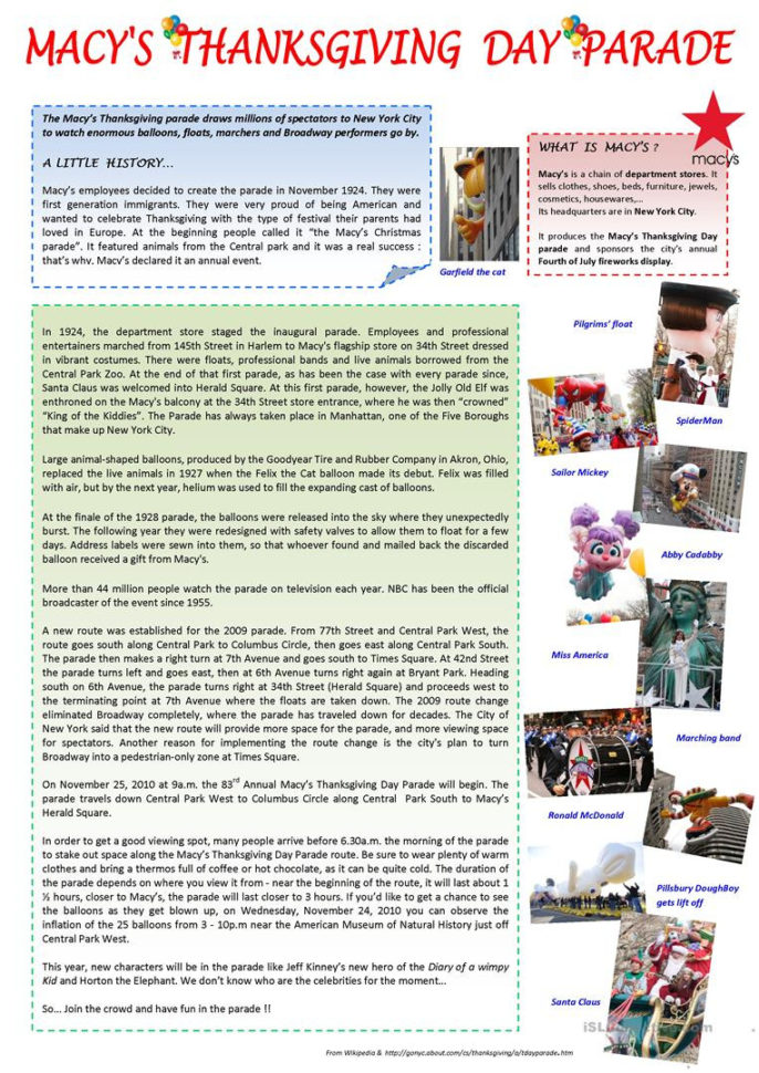 Macy's Thanksgiving Day Parade  English Esl Worksheets