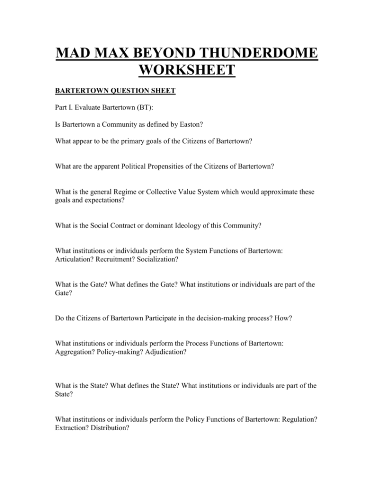 Mad Max Beyond Thunderdome Worksheet Part Ii