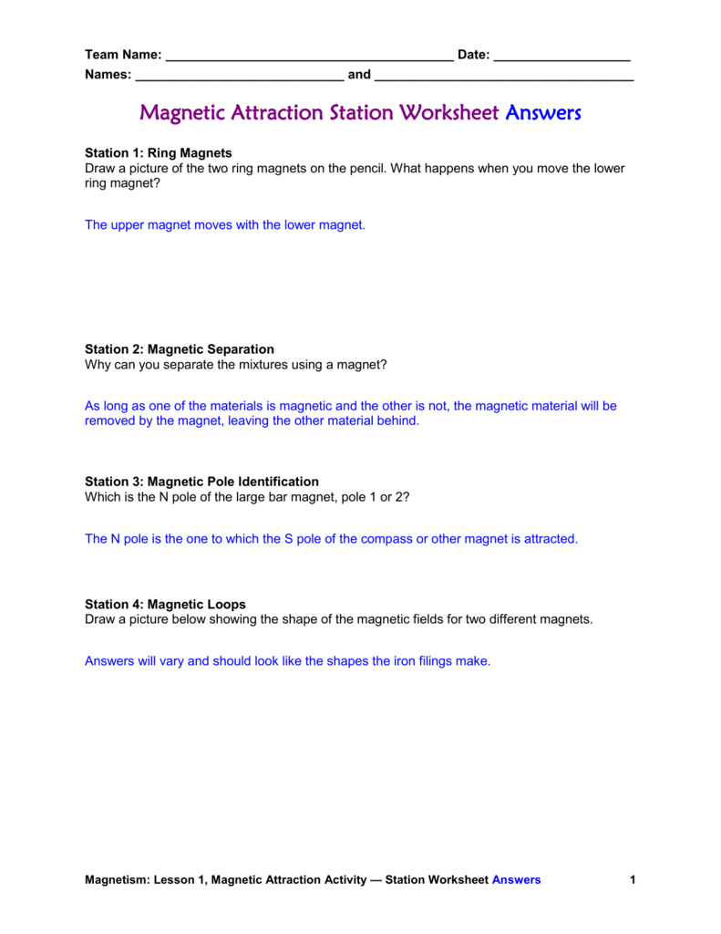 Magnetic Attraction Worksheet Answers