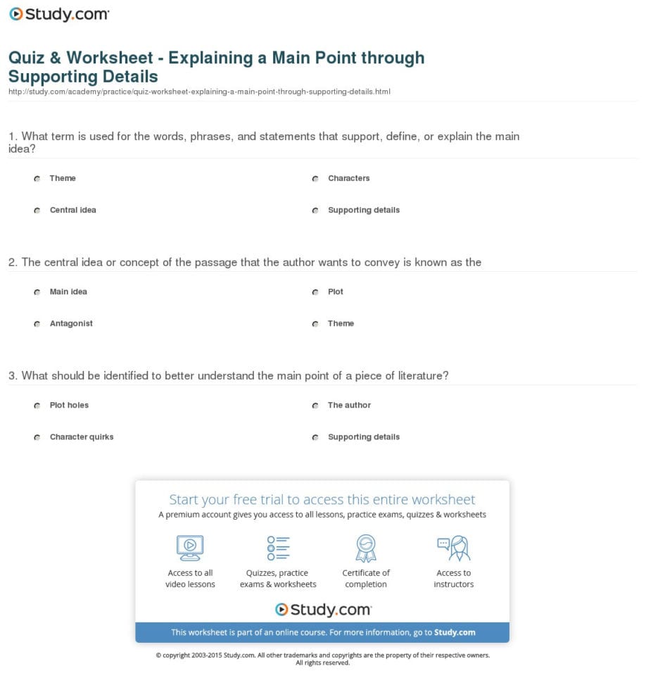 Main Idea And Supporting Details Worksheets   And Forms