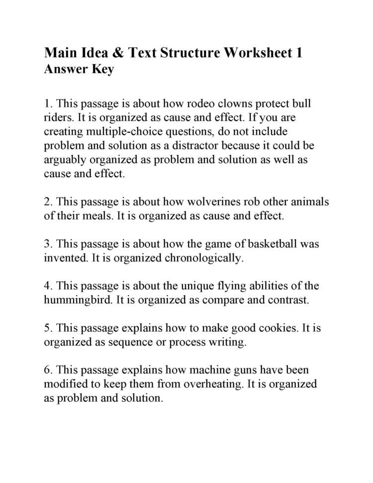 Main Idea And Text Structure Worksheet 1  Answers