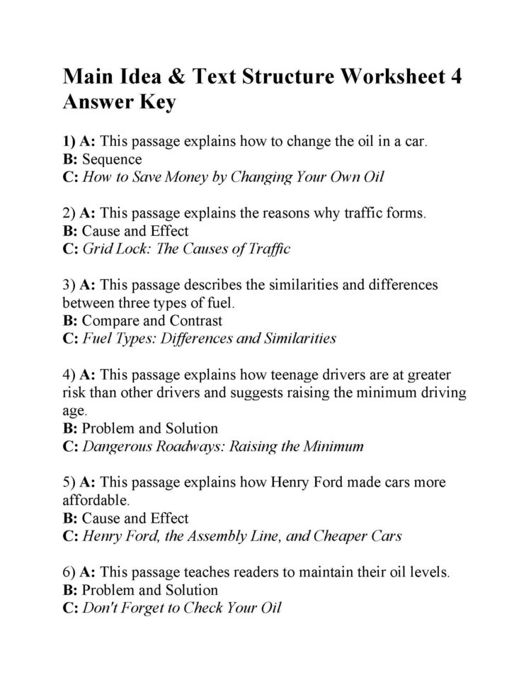 Main Idea And Text Structure Worksheet 4  Answers