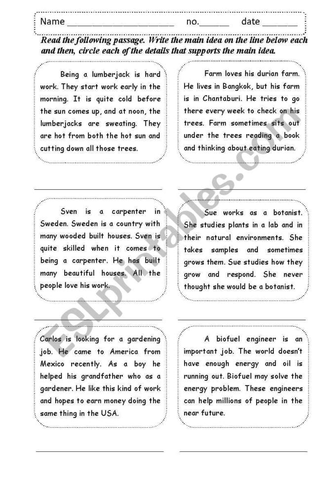 Main Idea Supporting Details  Esl Worksheetshamus