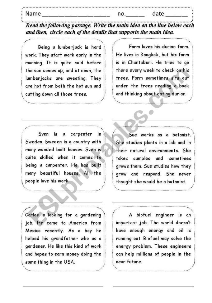 Main Idea Supporting Details  Esl Worksheetshamus