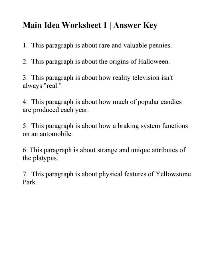Main Idea Worksheet 1  Answers