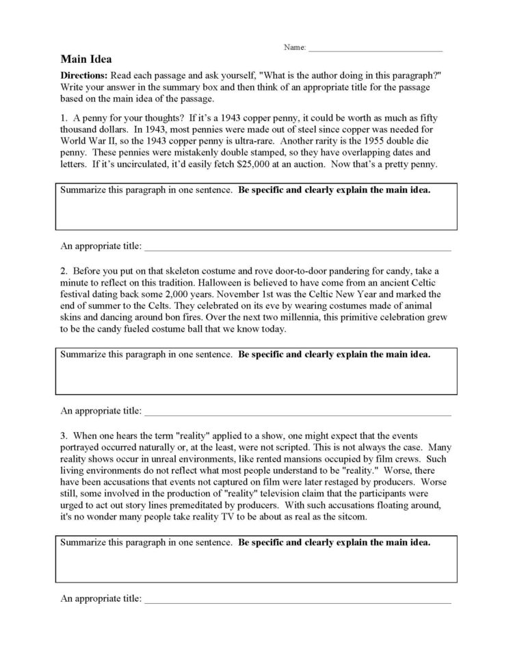 Main Idea Worksheet 1  Preview