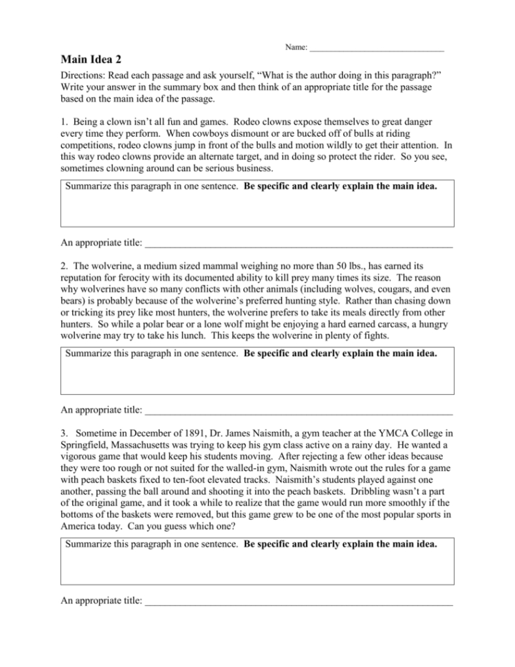 Main Idea Worksheet 2 Rtf