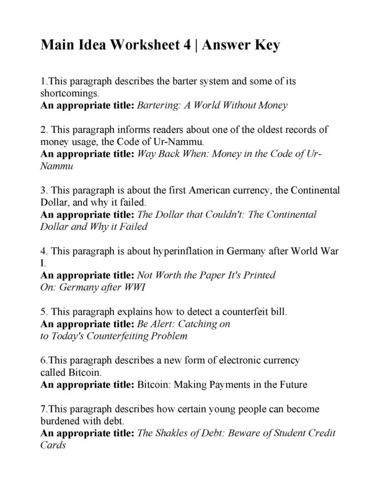 Main Idea Worksheet 4  Answers