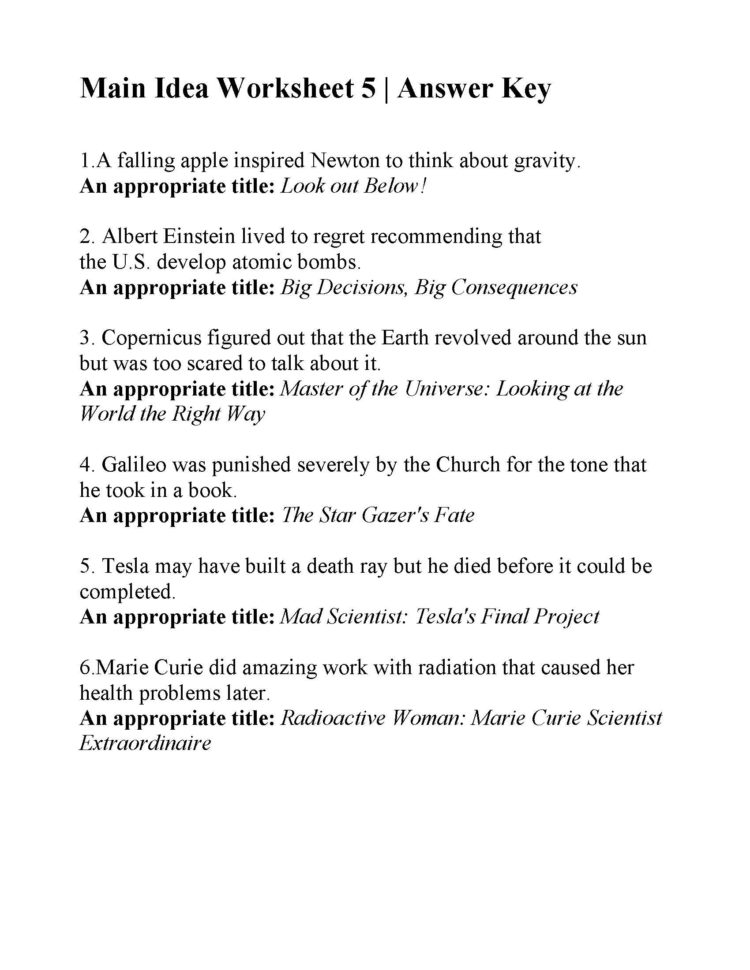 Main Idea Worksheet 5  Answers