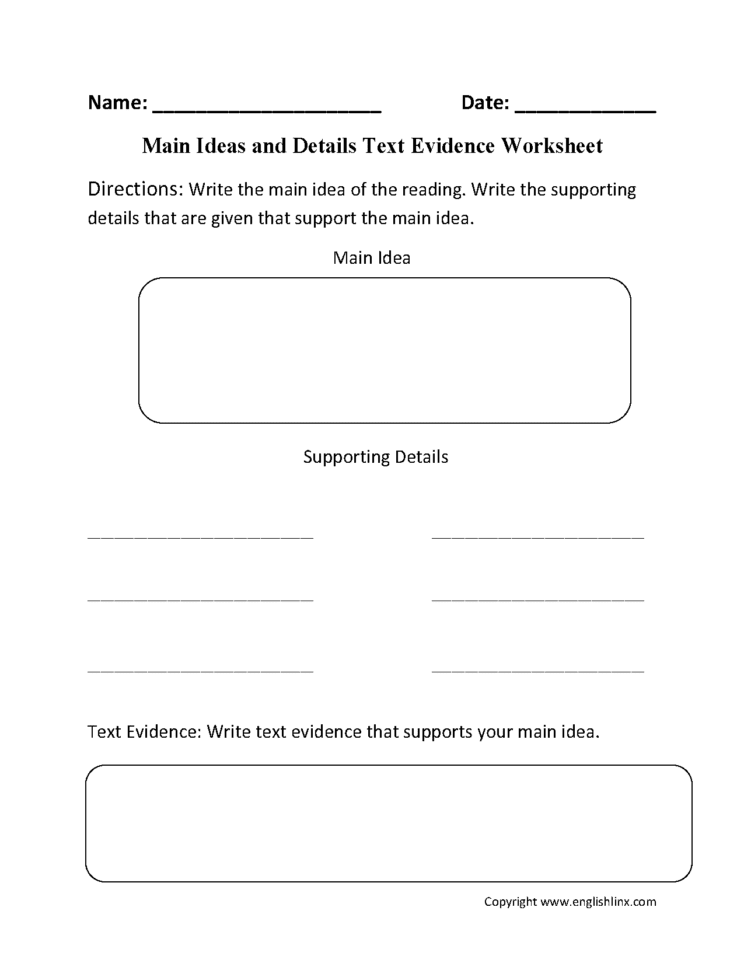 Main Idea Worksheets  Main Idea Text Evidence Worksheet
