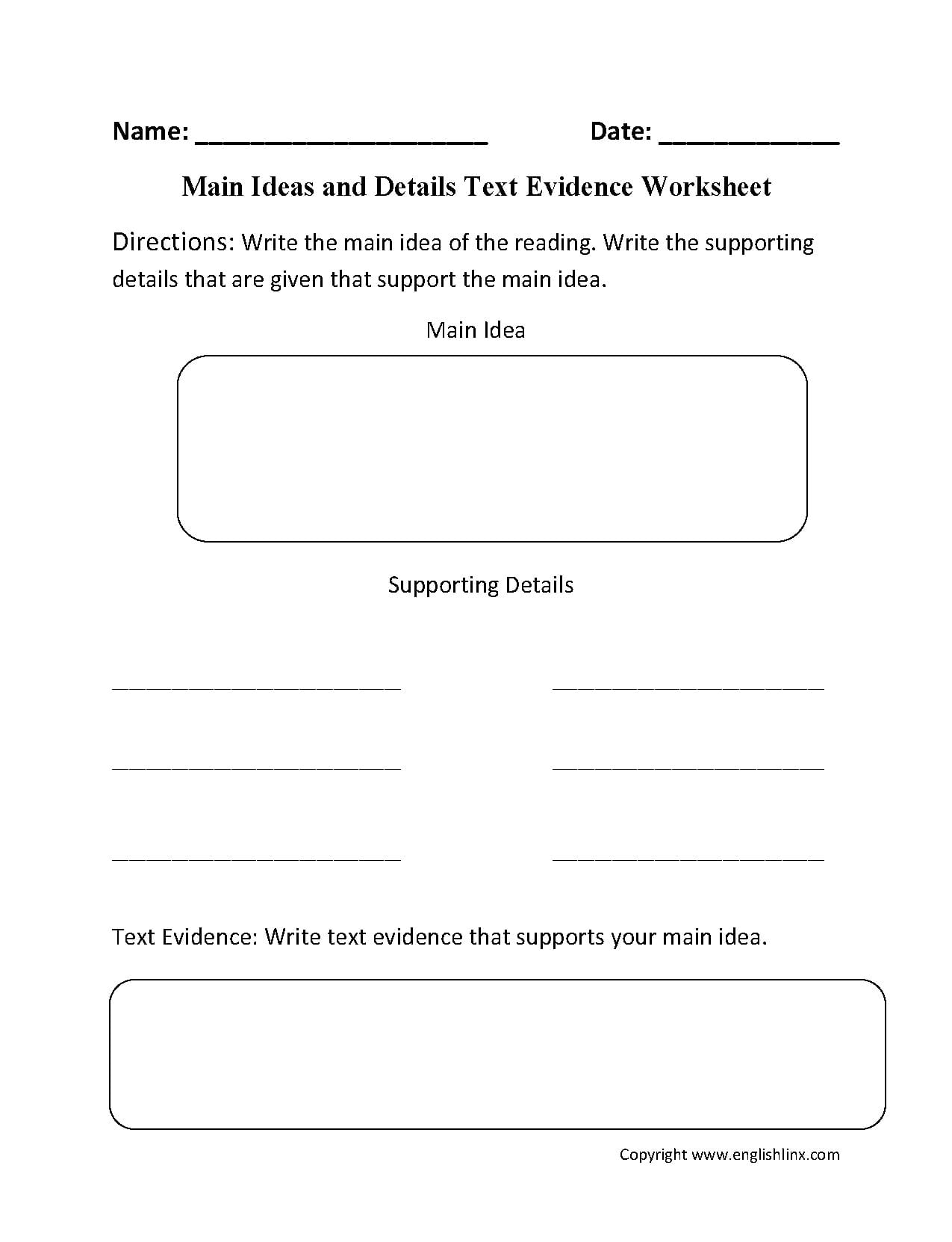 Main Idea Worksheets  Main Idea Text Evidence Worksheet