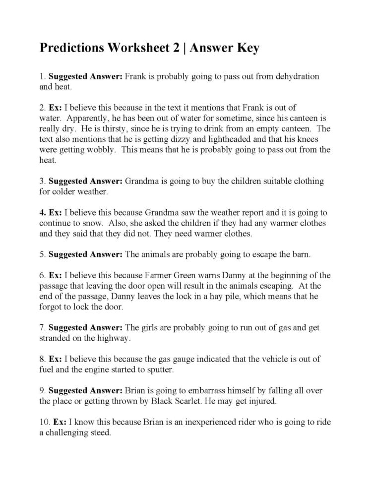 Making Predictions Worksheet 2  Answers