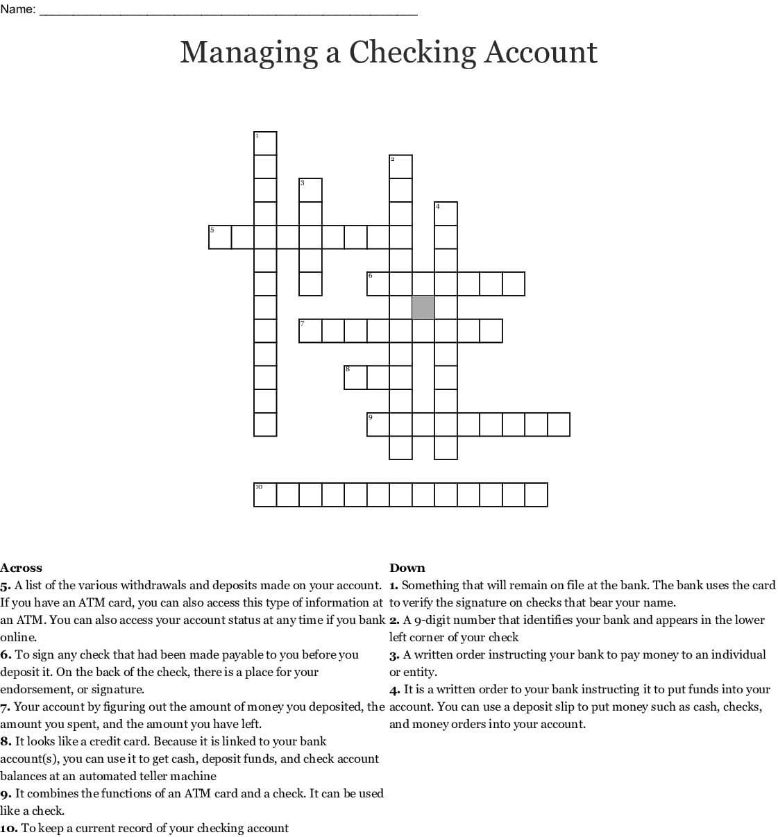 Managing A Checking Account Crossword  Word