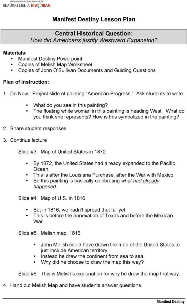 Manifest Destiny Lesson Plan Central Historical Question