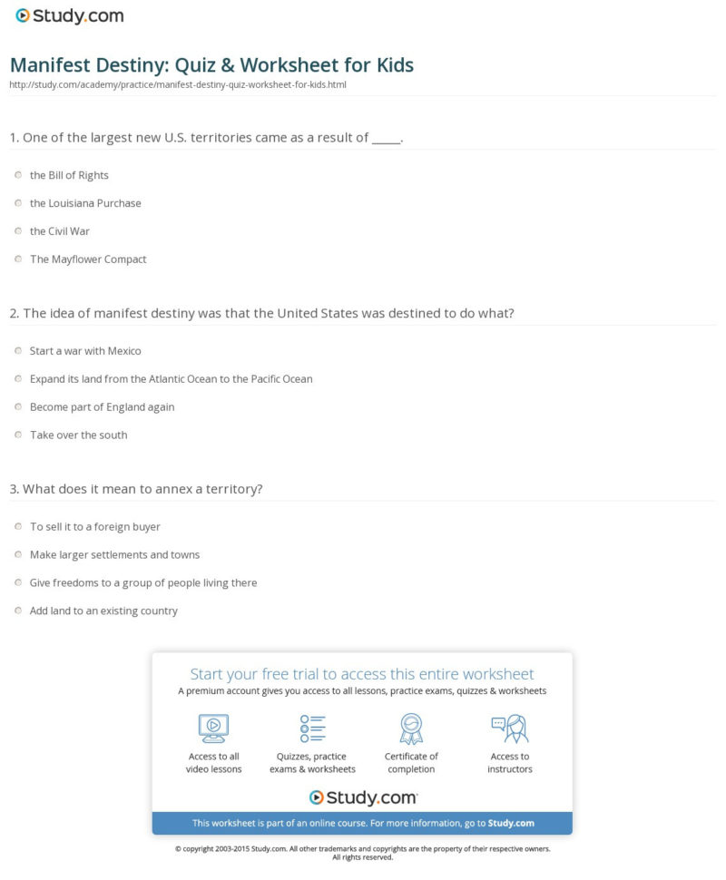 Manifest Destiny Quiz  Worksheet For Kids  Study
