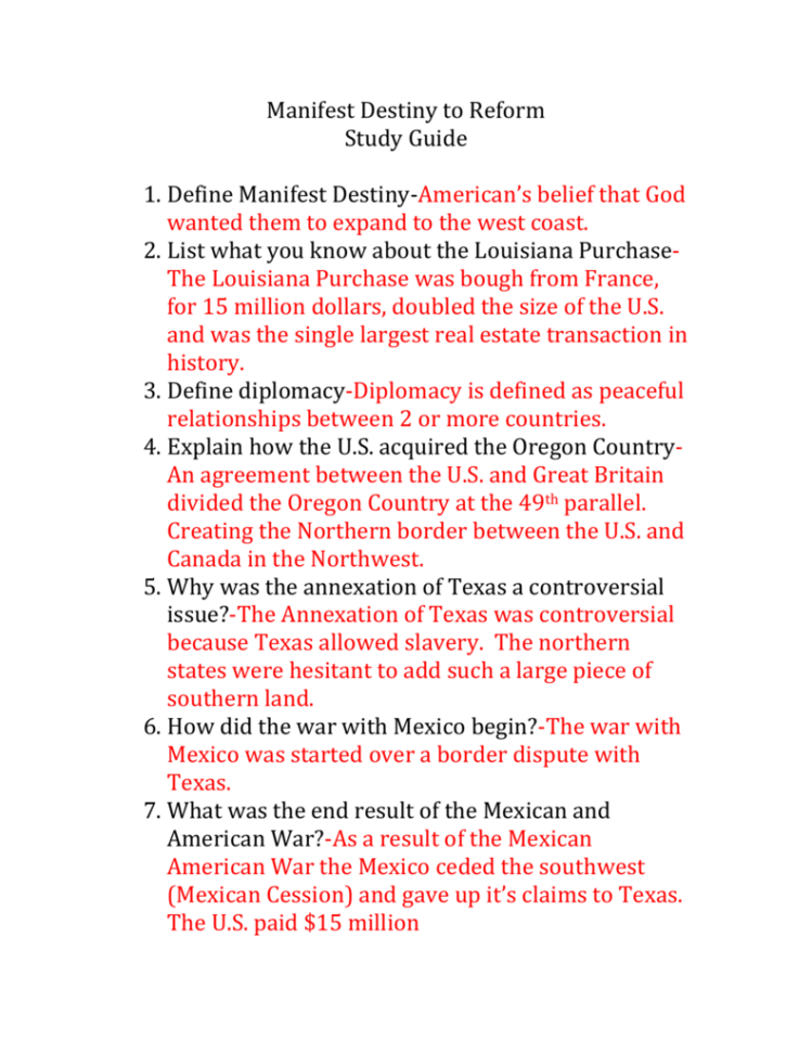 Manifest Destiny To Reform Study Guide Answers