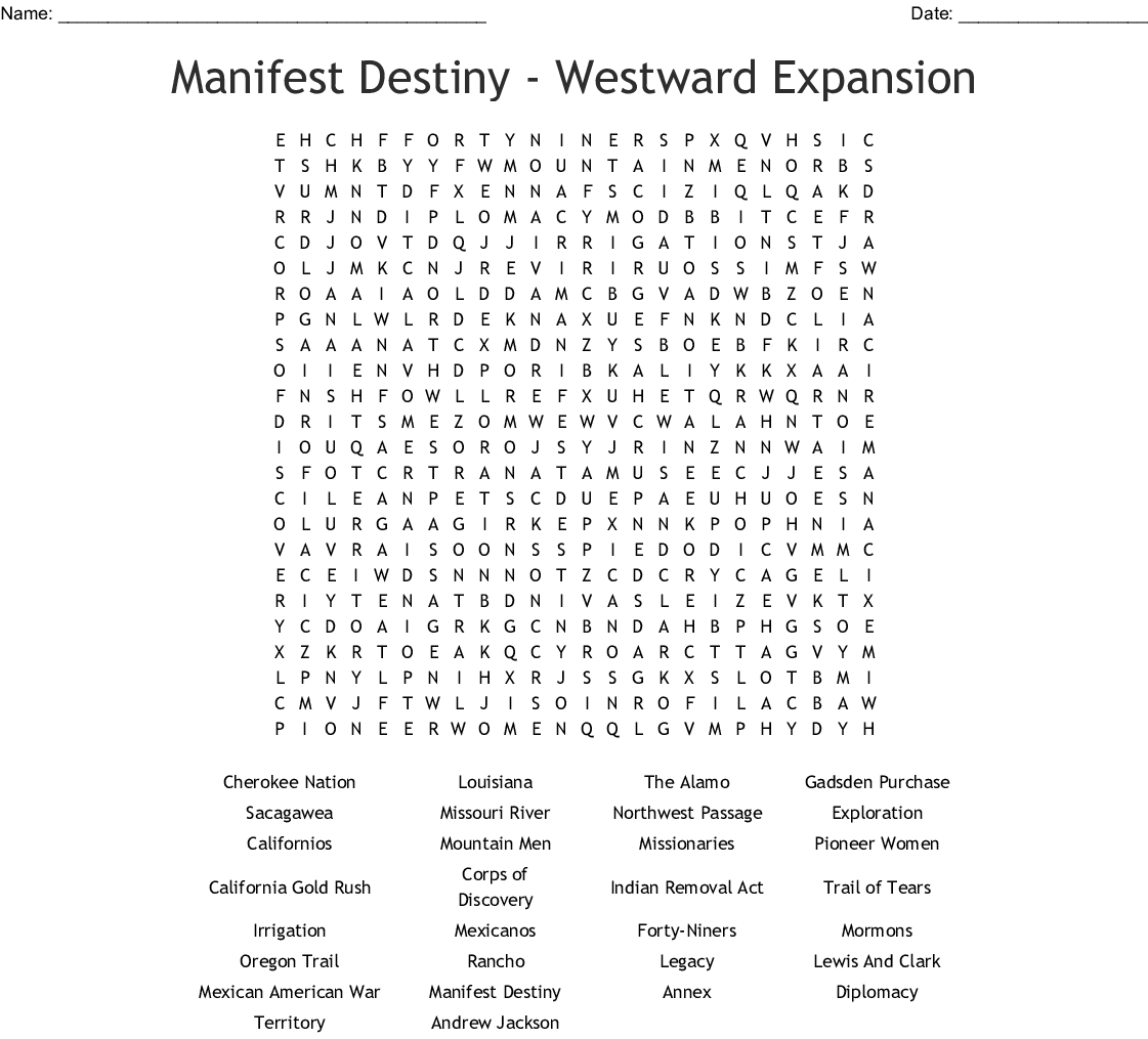 Manifest Destiny  Westrd Expansion Word Search  Word
