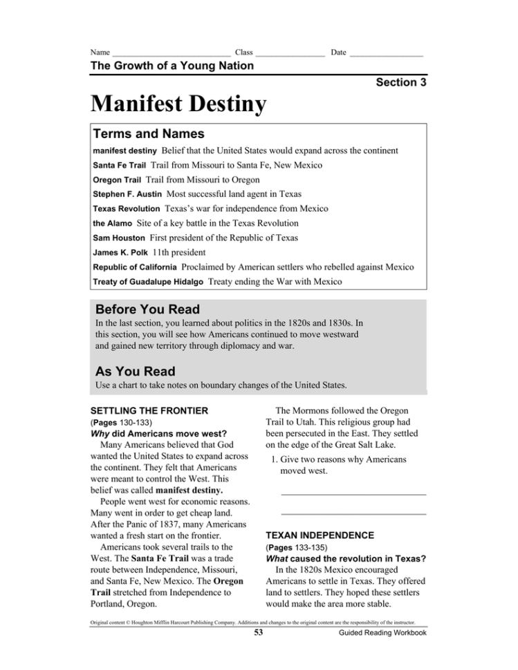 Manifest Destiny Worksheet Manifest Destiny Worksheet