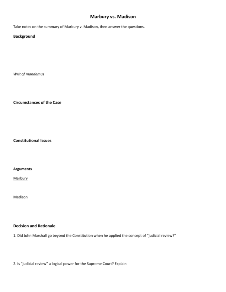 Marbury V Madison Worksheet