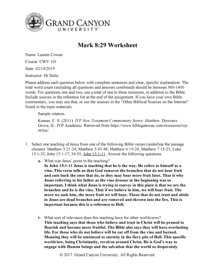 Mark 8 29 Worksheet  Cwv 101 Christian Worldview  U