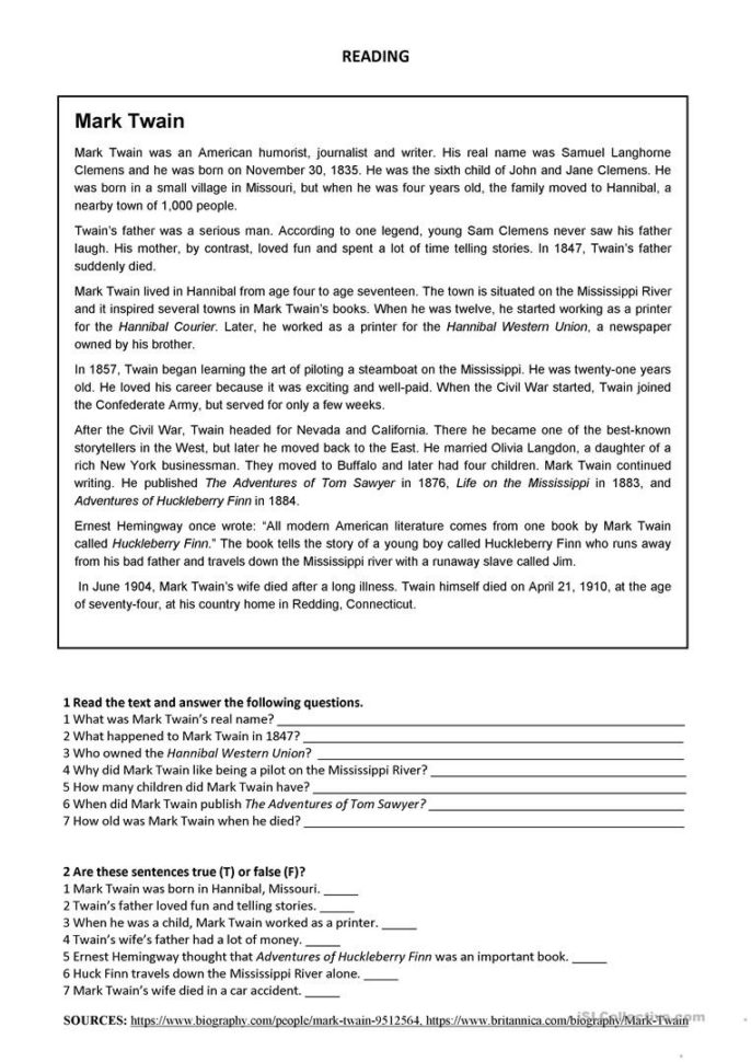 Mark Tin  Reading  English Esl Worksheets