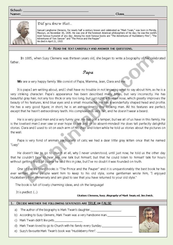 Mark Tin´s Family Worksheettest  Esl Worksheet