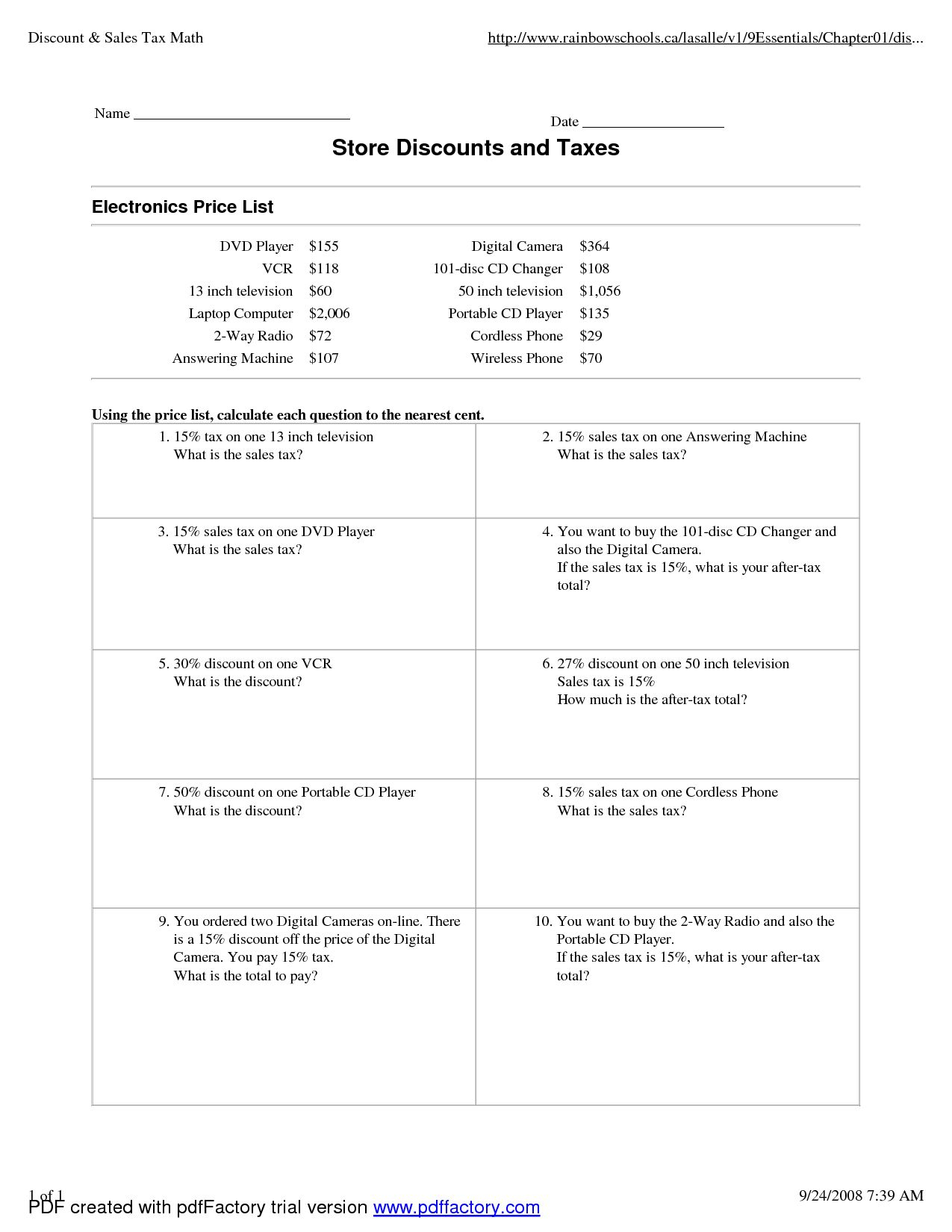 Markups And Markdowns Word Problems Matching Worksheet Answers | db