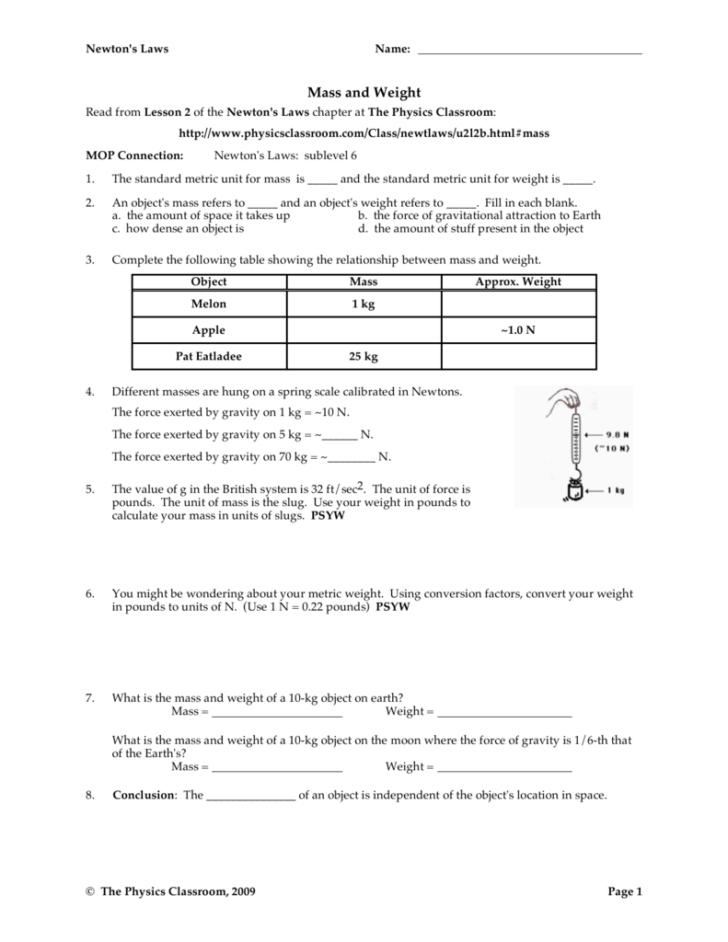 Mass And Weight Worksheet Answer Key